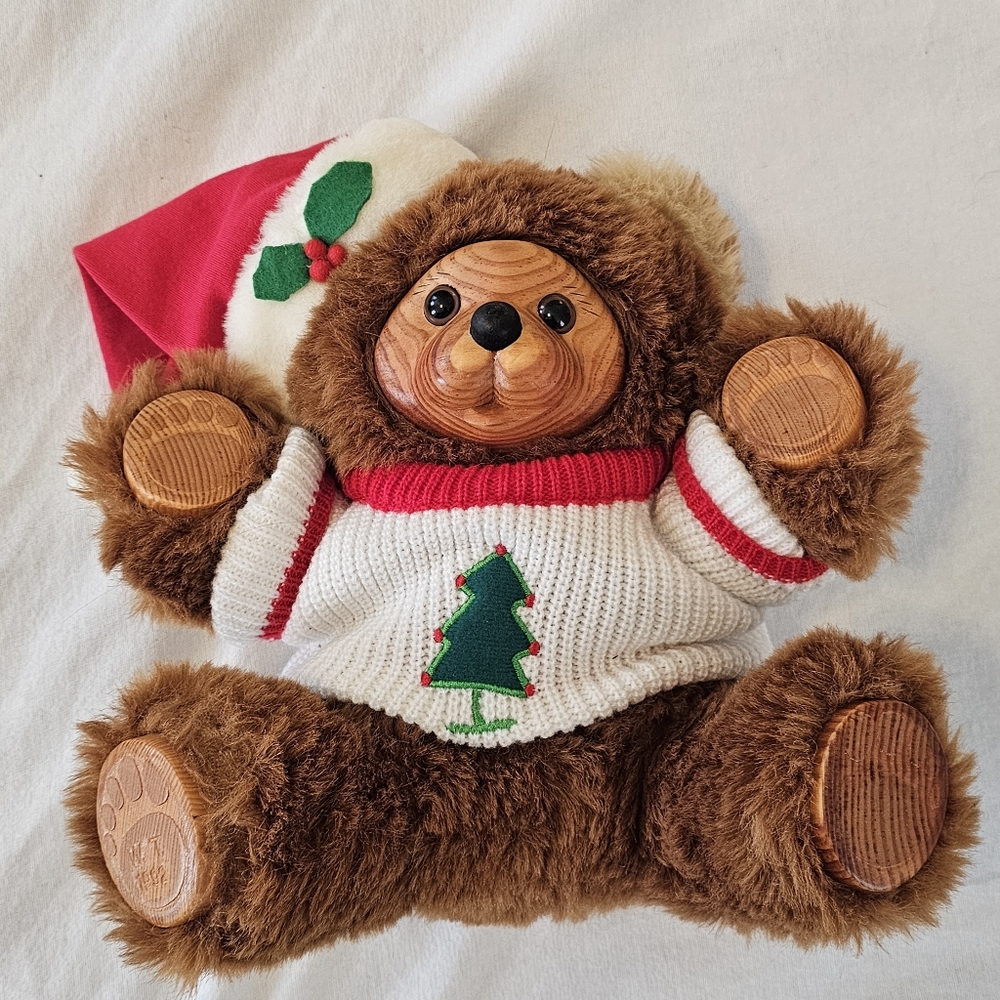 Vintage 1992 William Tung LOUIE Teddy Plush & Wood Bear Christmas "W.T. 1992"